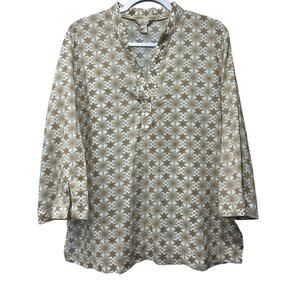 White Stag Women Top Tunic Hippie Daisy Cottage Cotton Brown Floral Print SZ XL